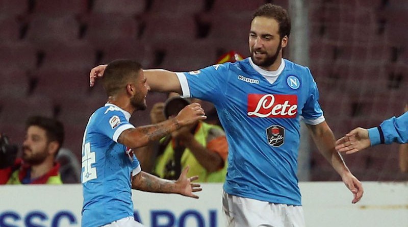 Marek Hamsik of Napoli competes for the ball with Stefano Mauri of Lazio during the Serie A match between SSC Napoli and SS Lazio  at Stadio San Paolo on September 20, 2015 in Naples, Italy.