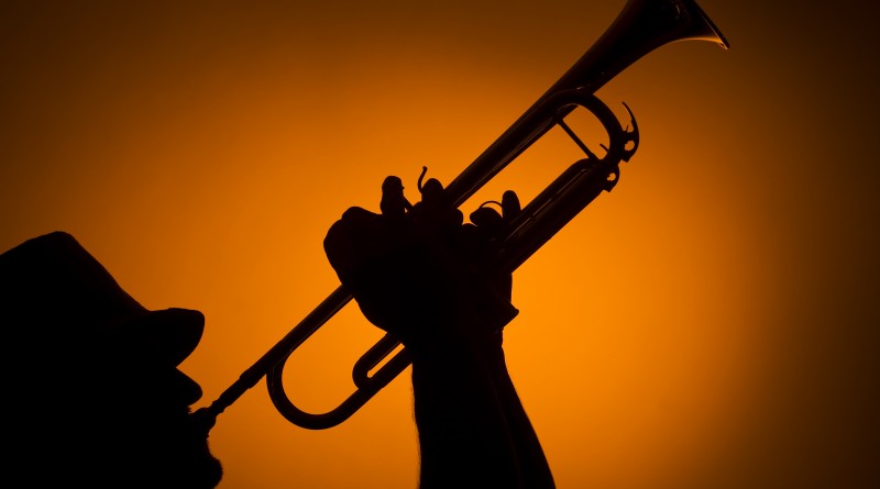backlight musician playing trumpet on orange background
