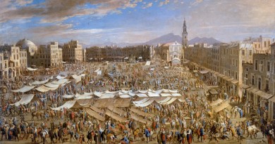 Domenico Gargiulo - Fundación Casa Ducal de Medinaceli. Title: La plaza del mercado de Nápoles/Piazza Mercato, Naples. Date: c. 1654. Materials: oil on canvas. DImensions: 76 x 141 cm. Source: http://www.museothyssen.org/microsites/prensa/2011/Arquitecturas-pintadas/img/Gargiulo.jpg. P.S. I have changed the light, contrast and colors of the original photo.