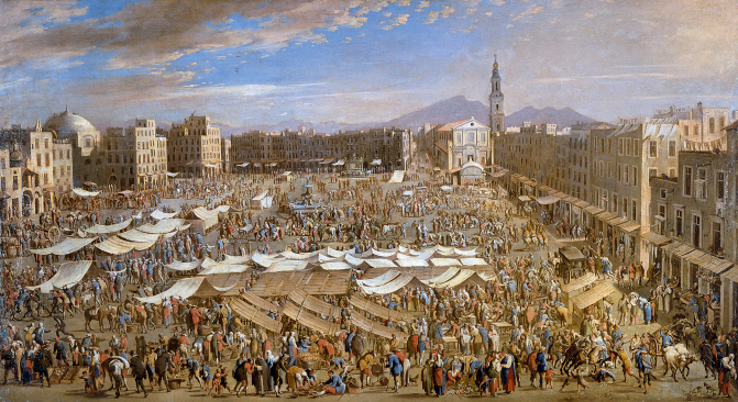 Domenico Gargiulo - Fundación Casa Ducal de Medinaceli. Title: La plaza del mercado de Nápoles/Piazza Mercato, Naples. Date: c. 1654. Materials: oil on canvas. DImensions: 76 x 141 cm. Source: http://www.museothyssen.org/microsites/prensa/2011/Arquitecturas-pintadas/img/Gargiulo.jpg. P.S. I have changed the light, contrast and colors of the original photo.